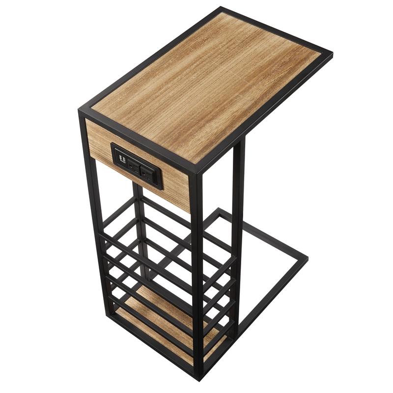 Arian End Tables Brown And Black Magazine Holder 2 USB Charging Ports
