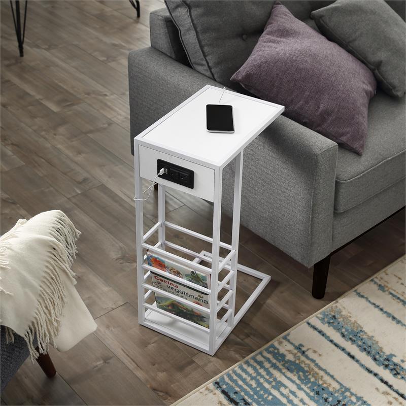 Arian End Tables White And White Magazine Holder 2 USB Charging Ports