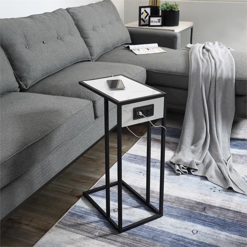 Cain End Tables White And Black 2 USB Charging Ports 2 Outlets Power Plug