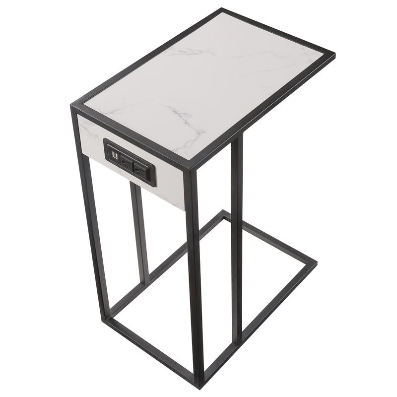 Cain End Tables White And Black 2 USB Charging Ports 2 Outlets Power Plug