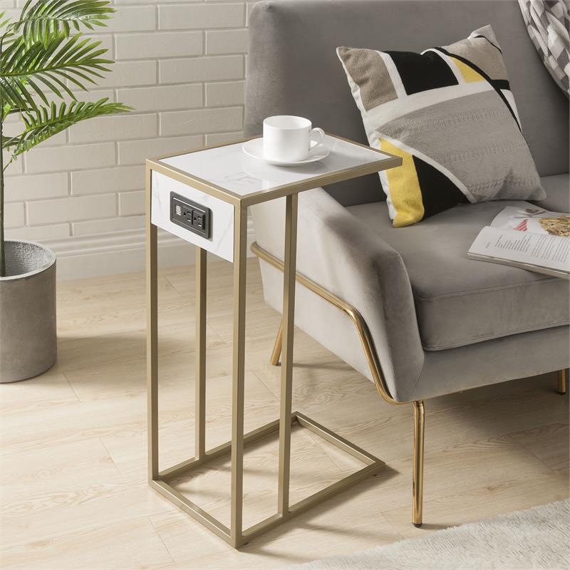 Cain End Tables White And Gold 2 USB Charging Ports 2 Outlets Power Plug