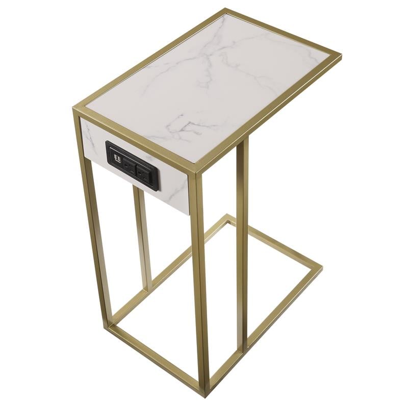 Cain End Tables White And Gold 2 USB Charging Ports 2 Outlets Power Plug