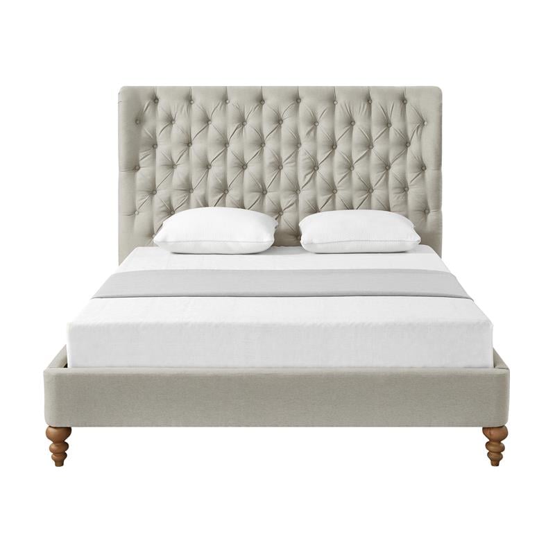 Aubriana Bed Yellow Beige Linen Queen Button Tufted Headboard Wingback