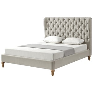 Aubriana Bed Yellow Beige Linen Queen Button Tufted Headboard Wingback