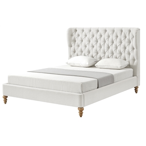 Aubriana Bed Cream White Linen Queen Button Tufted Headboard Wingback