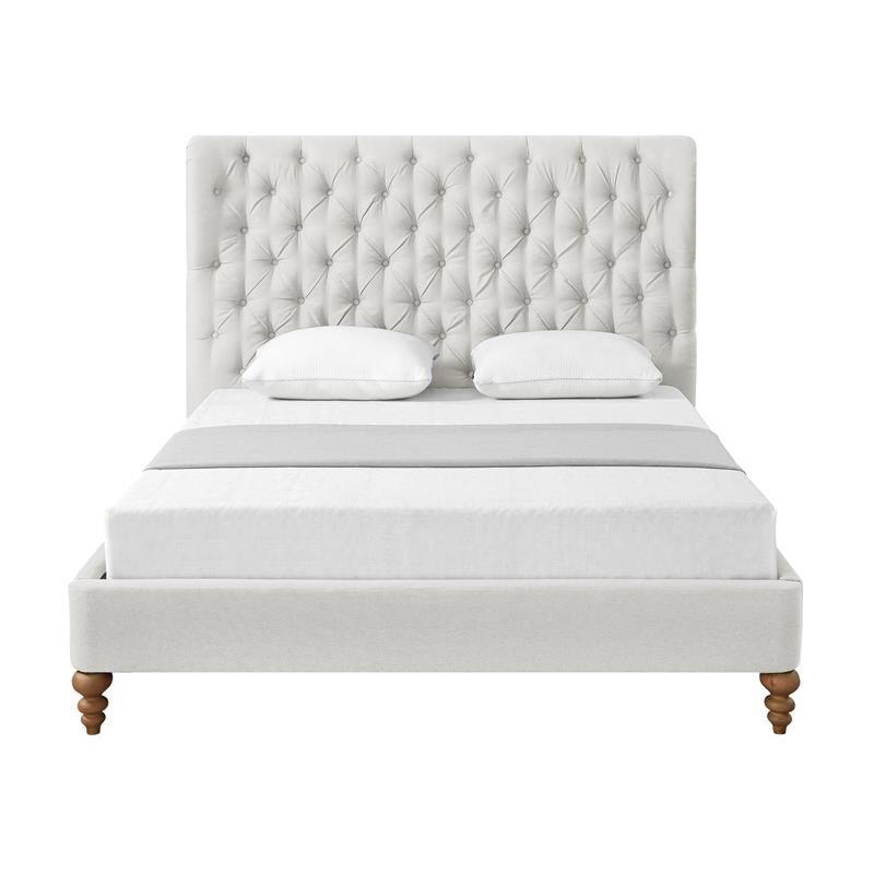 Aubriana Bed Cream White Linen Queen Button Tufted Headboard Wingback