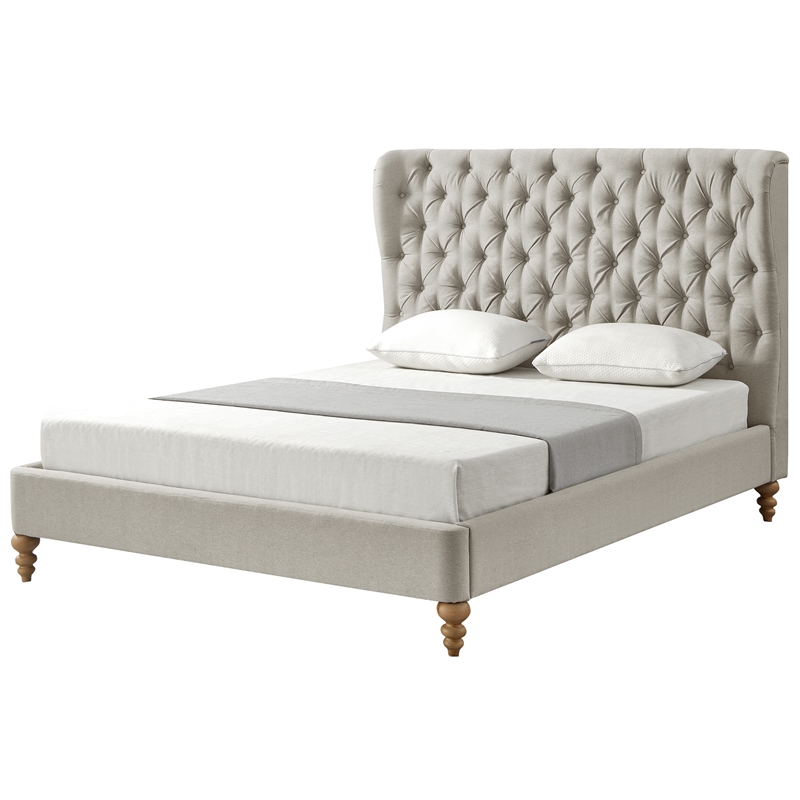 Aubriana Yellow wood Bed Beige Linen King Button Tufted Headboard Wingback