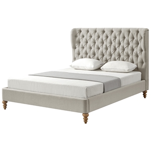 Aubriana Yellow wood Bed Beige Linen King Button Tufted Headboard Wingback