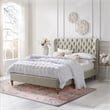 Aubriana Yellow wood Bed Beige Linen King Button Tufted Headboard Wingback