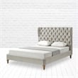 Aubriana Yellow wood Bed Beige Linen King Button Tufted Headboard Wingback