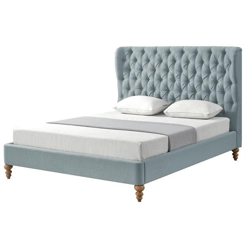 Aubriana Bed Sea Blue Linen Queen Button Tufted Headboard Wingback