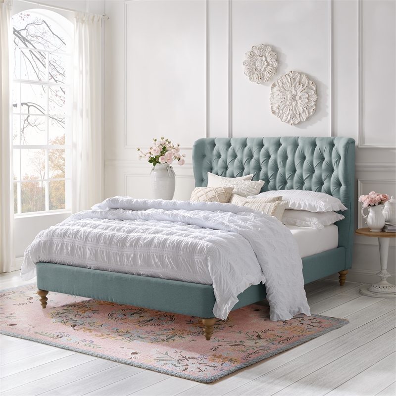 Aubriana Bed Sea Blue Linen Twin Button Tufted Headboard Wingback