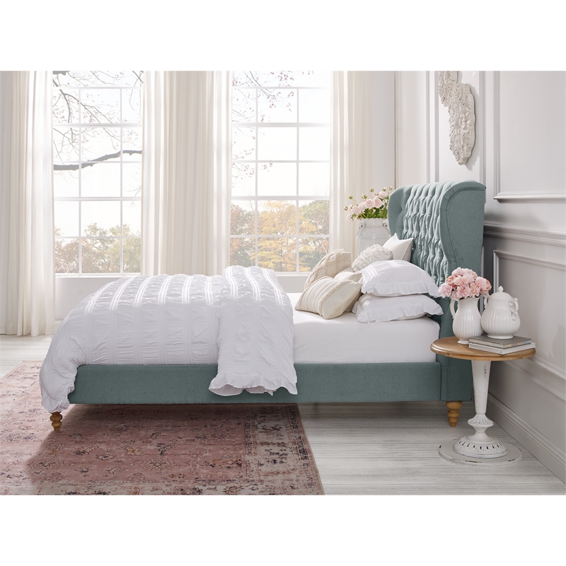 Aubriana Bed Sea Blue Linen Twin Button Tufted Headboard Wingback