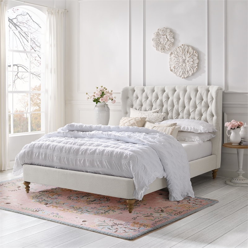Aubriana Bed Cream White Linen Twin Button Tufted Headboard Wingback