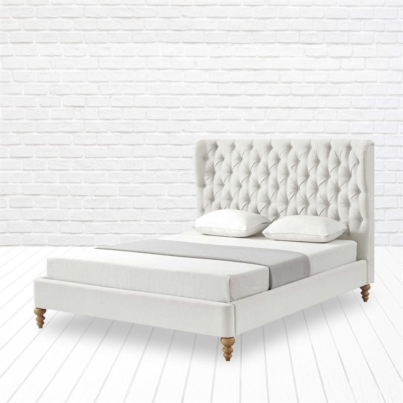 Aubriana Bed Cream White Linen Twin Button Tufted Headboard Wingback