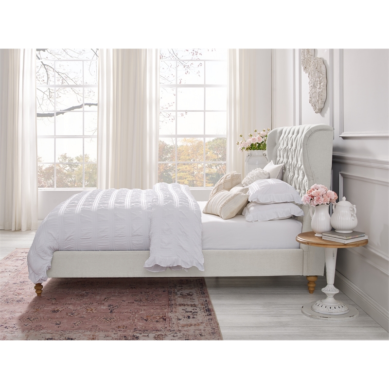 Aubriana Bed Cream White Linen King Button Tufted Headboard Wingback