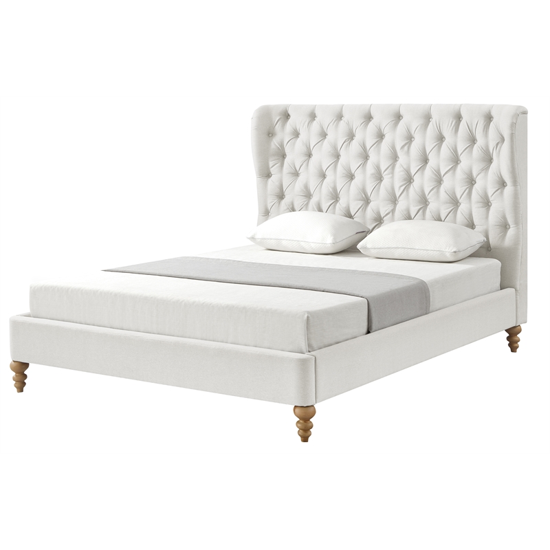 Aubriana Bed Cream White Linen King Button Tufted Headboard Wingback