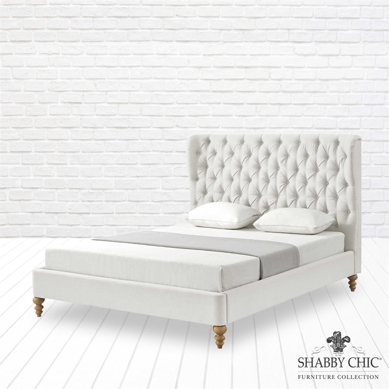 Aubriana Bed Cream White Linen King Button Tufted Headboard Wingback