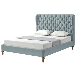 Aubriana Bed Sea Blue Linen King Button Tufted Headboard Wingback