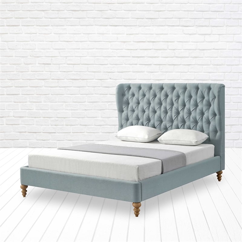 Aubriana Bed Sea Blue Linen King Button Tufted Headboard Wingback