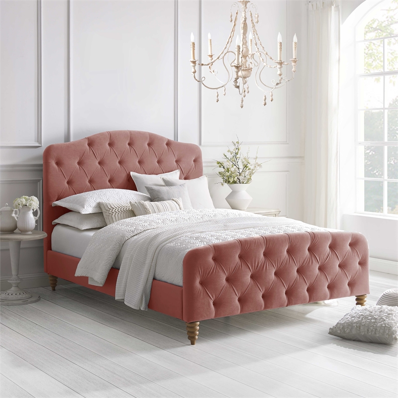 Calliope Bed Blush Velvet King Diamond Tufted Headboard and Footboard