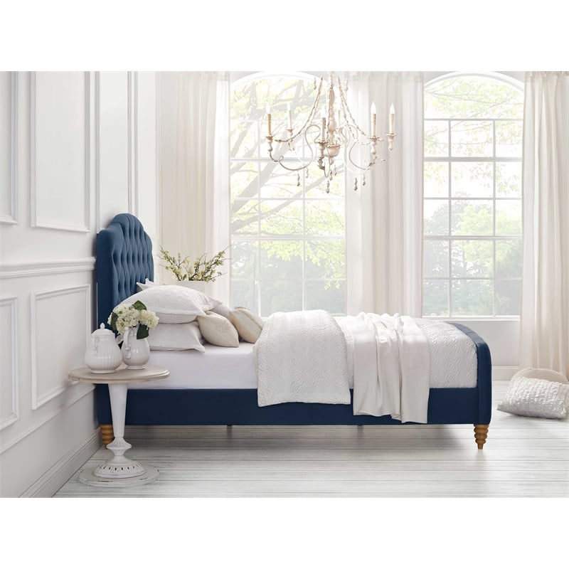 Calliope Bed Navy Velvet Twin Diamond Tufted Headboard and Footboard Upholstered