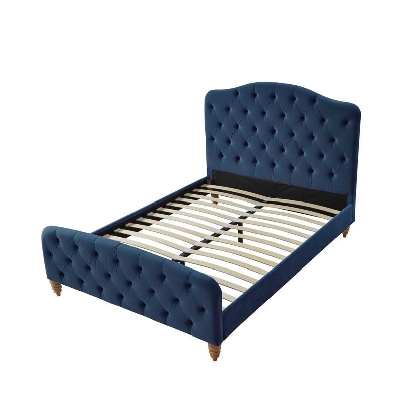 Calliope Bed Navy Velvet Twin Diamond Tufted Headboard and Footboard Upholstered