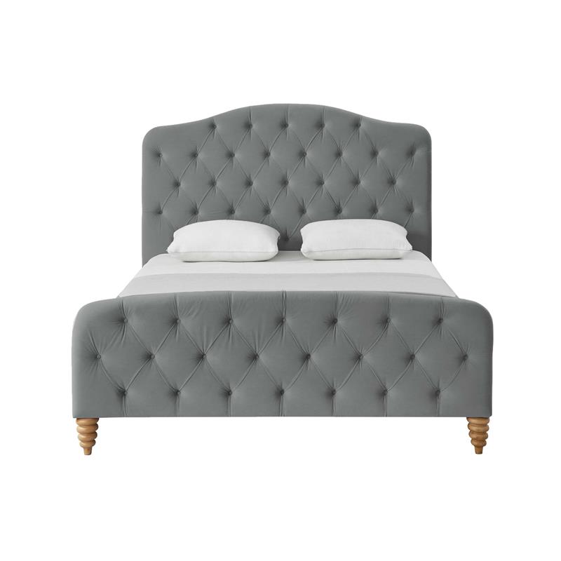 Calliope Bed Gray Velvet Twin Diamond Tufted Headboard and Footboard Upholstered