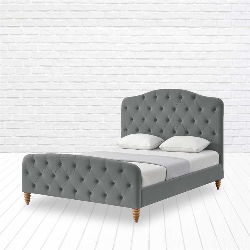 Calliope Bed Gray Velvet Twin Diamond Tufted Headboard and Footboard Upholstered