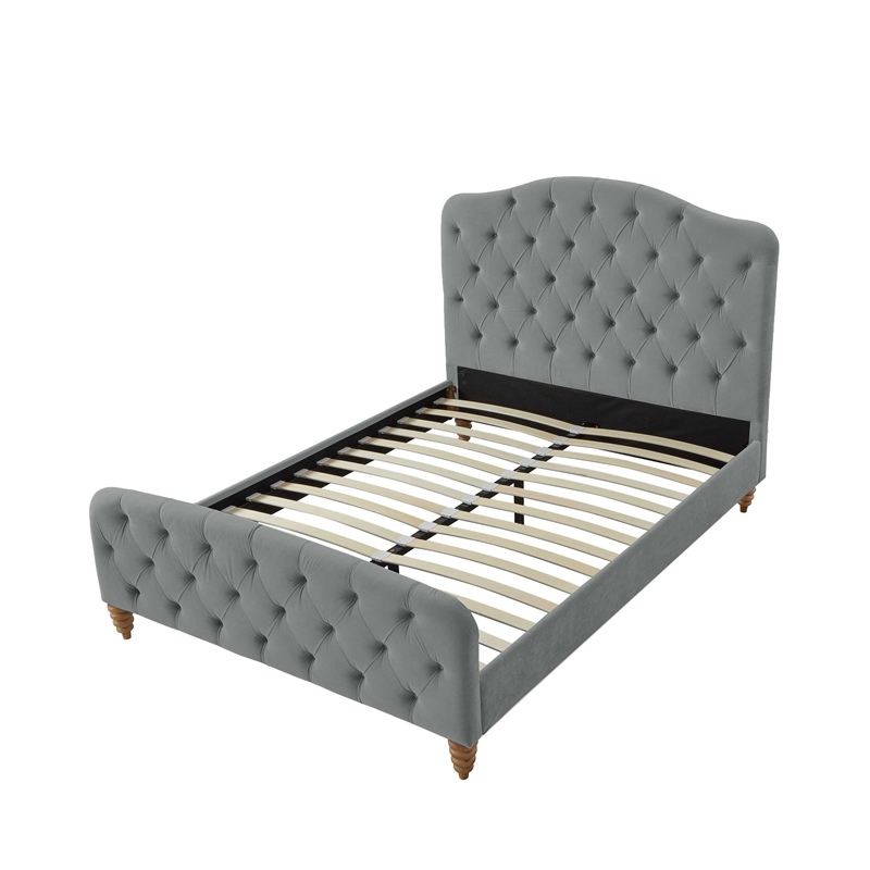 Calliope Bed Gray Velvet Twin Diamond Tufted Headboard and Footboard Upholstered
