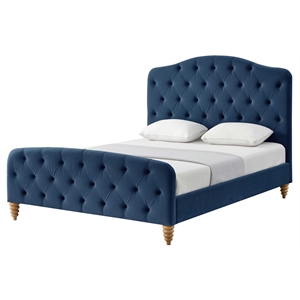 Calliope Bed Navy Velvet Queen Diamond Tufted Headboard and Footboard