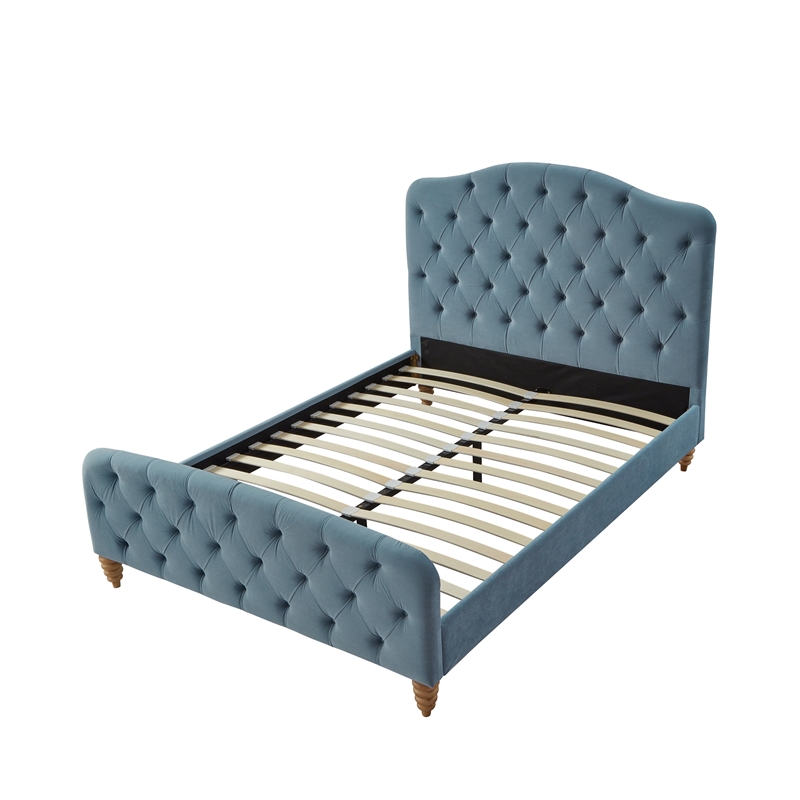 Calliope Bed Light Blue Velvet Twin Diamond Tufted Headboard and Footboard
