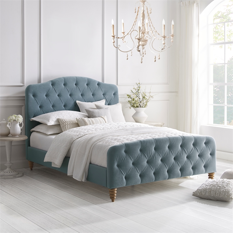 Calliope Bed Light Blue Velvet King Diamond Tufted Headboard and Footboard