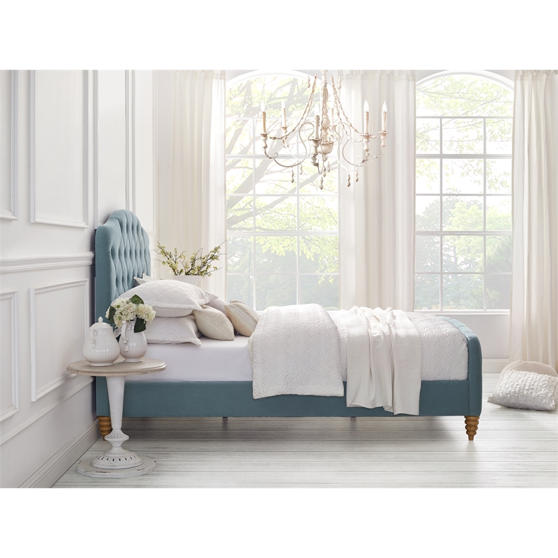 Calliope Bed Light Blue Velvet King Diamond Tufted Headboard and Footboard