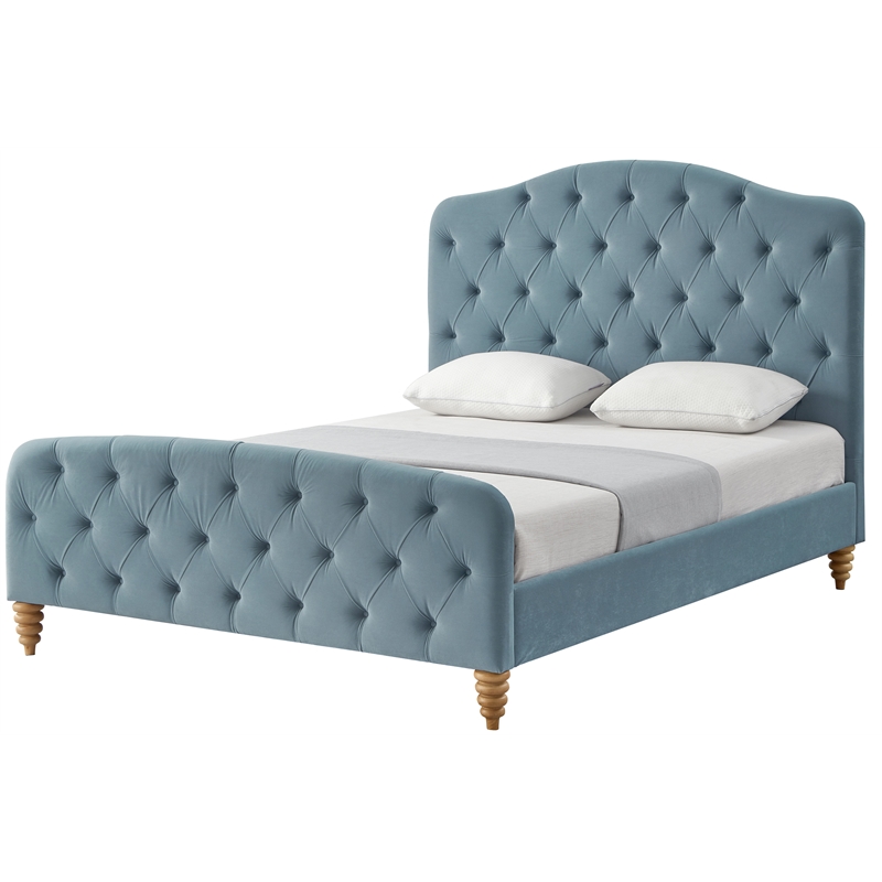 Calliope Bed Light Blue Velvet King Diamond Tufted Headboard and Footboard