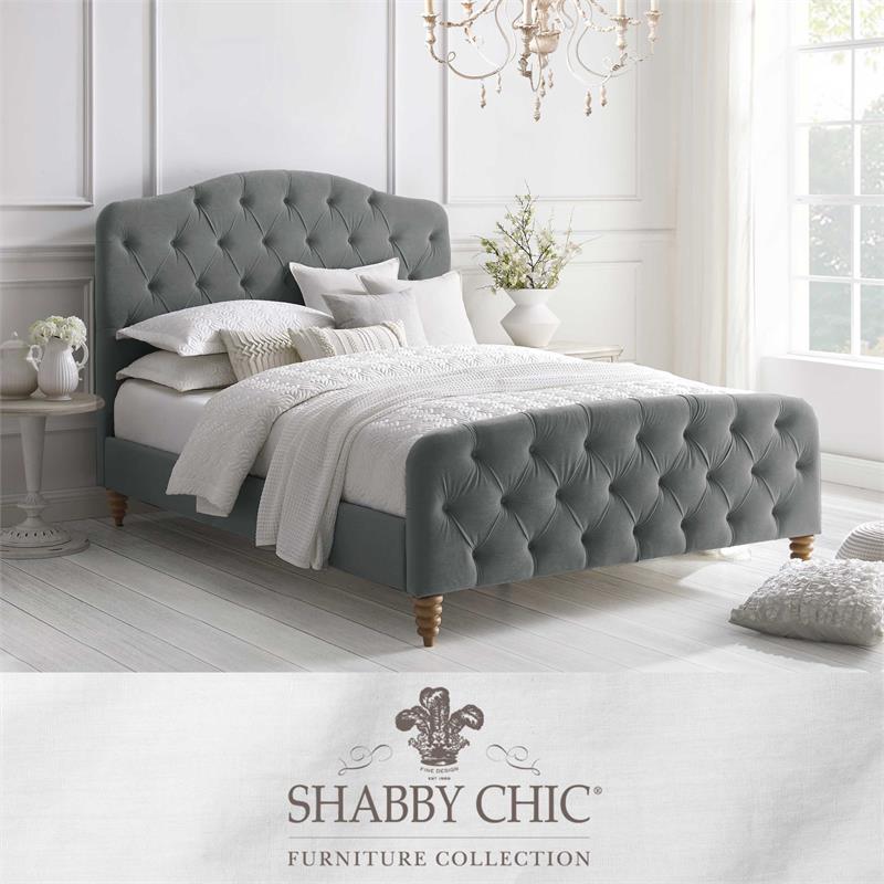 Calliope Bed Gray wood Velvet Queen Diamond Tufted Headboard and Footboard