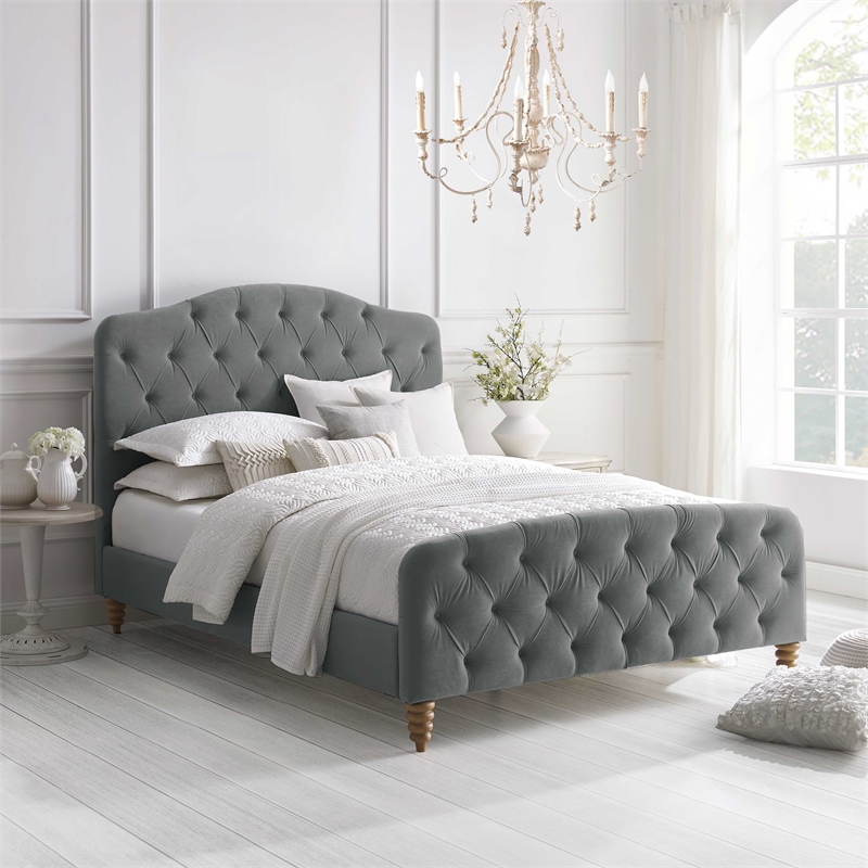Calliope Bed Gray wood Velvet Queen Diamond Tufted Headboard and Footboard