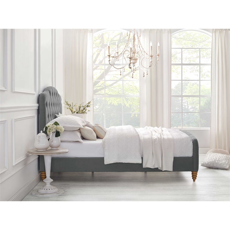 Calliope Bed Gray wood Velvet Queen Diamond Tufted Headboard and Footboard