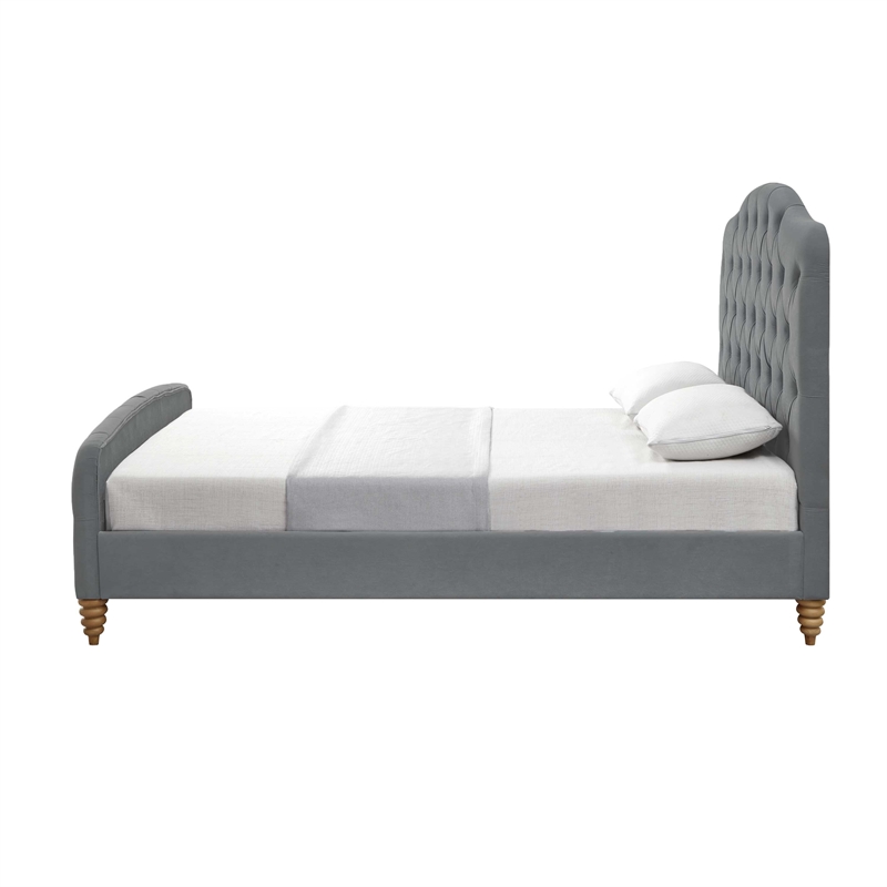 Calliope Bed Gray wood Velvet Queen Diamond Tufted Headboard and Footboard