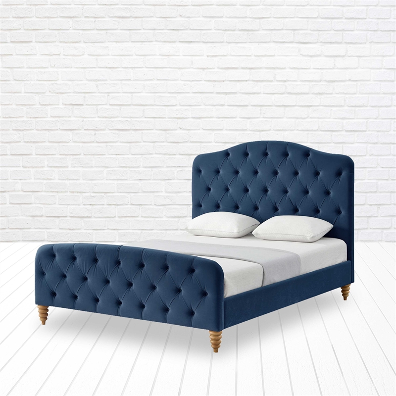 Calliope Bed Navy Velvet King Diamond Tufted Headboard and Footboard Upholstered