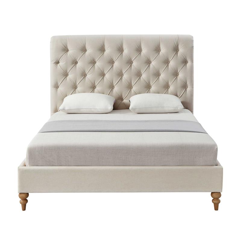 Addalynn Bed Yellow Beige Linen Queen Rolled Top Button Tufted Nailhead Trim