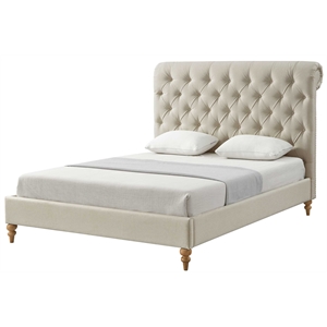 Addalynn Bed Yellow Beige Linen Queen Rolled Top Button Tufted Nailhead Trim
