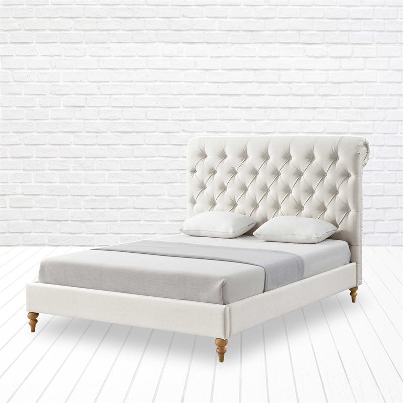 Addalynn Bed Cream White Linen King Rolled Top Button Tufted Nailhead Trim