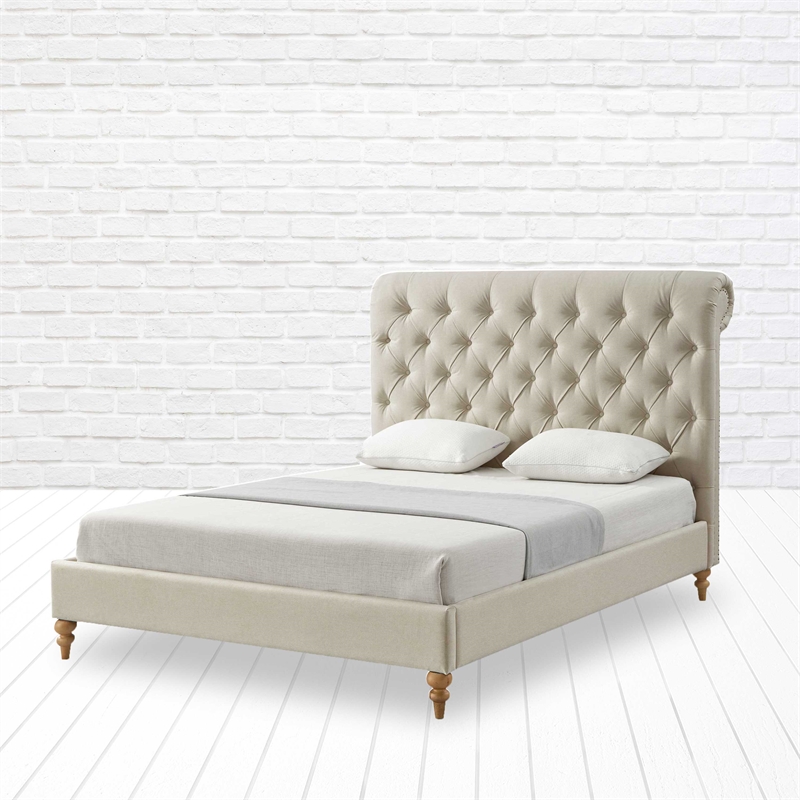 Addalynn Yellow wood Bed Beige Linen King Rolled Top Button Tufted Nailhead Trim