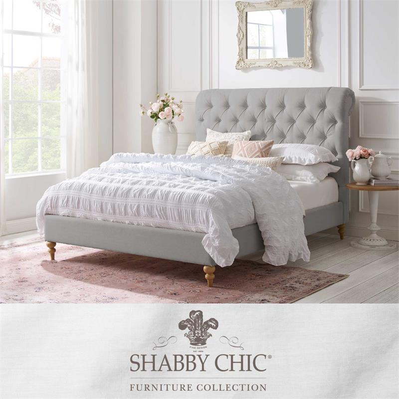 Addalynn Bed Gray wood Linen Queen Rolled Top Button Tufted Nailhead Trim