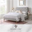 Addalynn Bed Gray wood Linen Queen Rolled Top Button Tufted Nailhead Trim