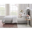 Addalynn Bed Gray wood Linen Queen Rolled Top Button Tufted Nailhead Trim