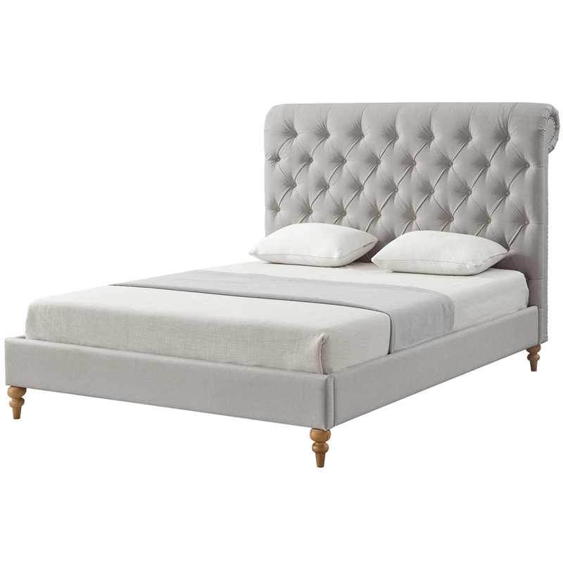 Addalynn Bed Gray wood Linen Queen Rolled Top Button Tufted Nailhead Trim