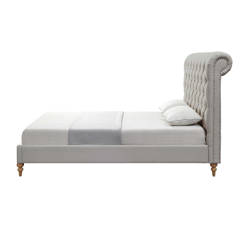 Addalynn Bed Gray wood Linen Queen Rolled Top Button Tufted Nailhead Trim