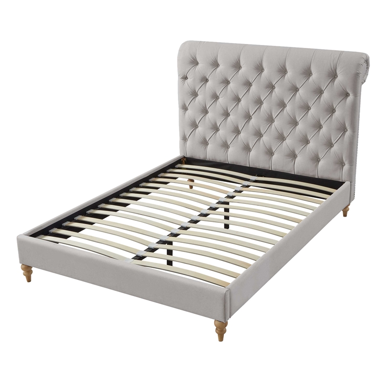Addalynn Bed Gray wood Linen Queen Rolled Top Button Tufted Nailhead Trim